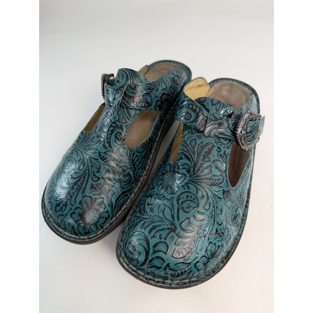 Alegria Keli Teal Floral Tooled Leather Professional Clogs Buckle Strap Womens